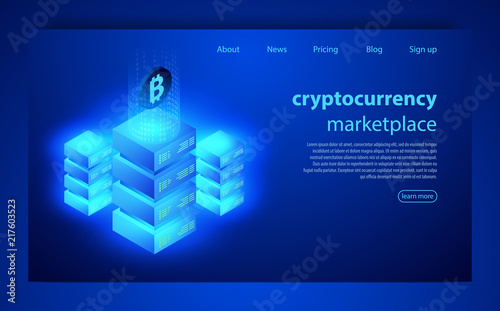 Cryptocurrency and Blockchain concept. Farm for mining bitcoins. Digital money market, investment, finance and trading.