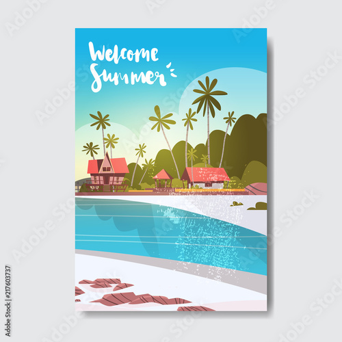 welcome summer house hotel palm tree sunrise beach badge design label. season holidays lettering for logo, templates, invitation, greeting card, prints and posters. vector illustration