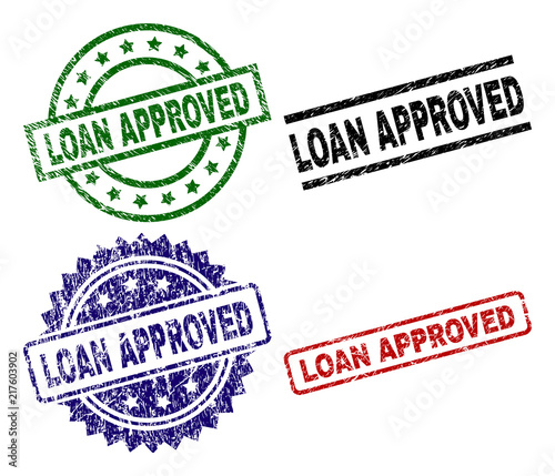 LOAN APPROVED seal imprints with corroded surface. Black, green,red,blue vector rubber prints of LOAN APPROVED title with retro surface. Rubber seals with circle, rectangle, medallion shapes.