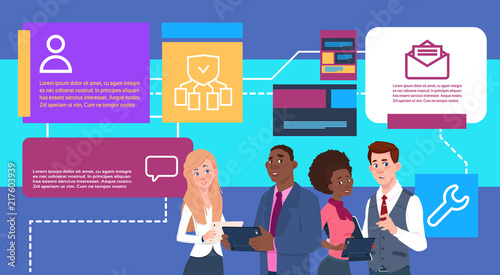 business team with tablet time manager shedule presentation interface concept mix race support copy space vector illustration