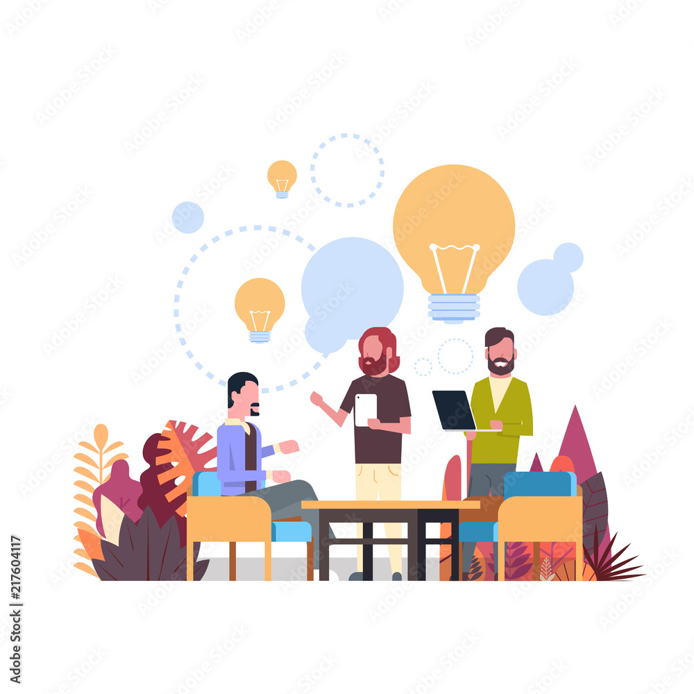 new idea concept over light lamp background business people relationships gadgets office desk flat vector illustration new idea concept over light lamp background business people relationships gadgets office desk flat vector illustration