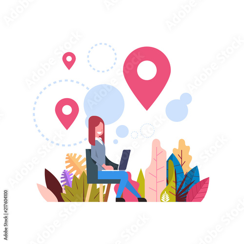 woman geolocation tag marked bubbles map pin hold laptop navigation concept background flat vector illustration
