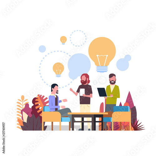new idea concept over light lamp background business people relationships gadgets office desk flat vector illustration