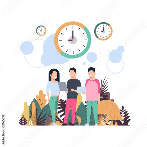 clock man woman cominicating punctuality concept over flat vector illustration