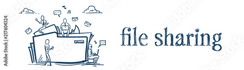 Cloud data storage folder file sharing service concept businesspeople working together over white background sketch doodle banner vector illustration