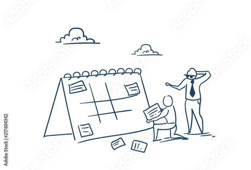 businessman change appointment event schedule planning concept businesspeople hard working process over white background sketch doodle vector illustration