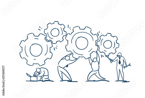 Business people group twisting gear wheel working together process strategy concept sketch doodle vector illustration