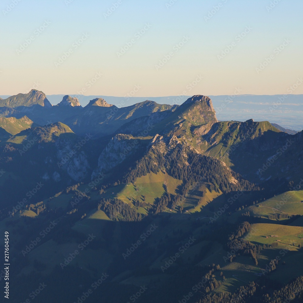 Obraz premium Mountains Gantrisch, Homad and Stockhorn at sunrise. Mountain range in the Bernese Oberland. Swiss Alps.