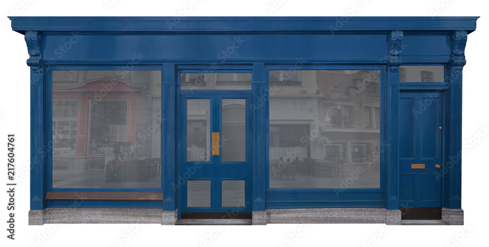 Blau lackiertes Holzfassade von einem Verkaufsraum, freigestellt auf weißem Hintergrund - obrazy, fototapety, plakaty 