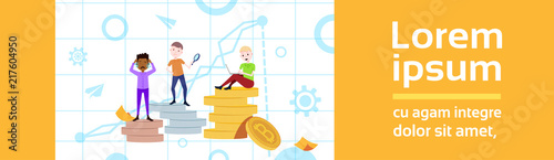 man on podium coins stack loser winner success concept mix race character template for design work and animation on white background full length banner copy space flat vector illustration