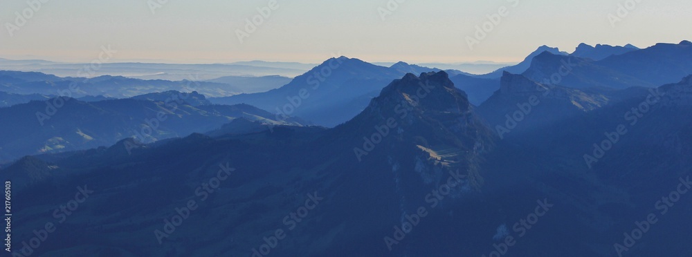 Mount Sigriswiler Rothorn at sunrise. View from Mount Niesen, Bernese Oberland.