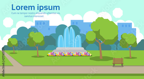 city park view outdoor fountain wooden bench green lawn trees template landscape background horizontal copy space flat vector illustration
