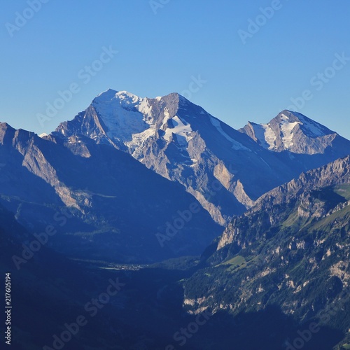 Kandersteg, Mount Balmhorn and Mount Rinderhorn at sunrise. View from Mount Niesen. Bernese Oberland, Switzerland.
