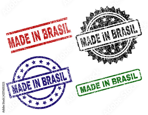 MADE IN BRASIL seal imprints with corroded surface. Black, green,red,blue vector rubber prints of MADE IN BRASIL caption with corroded texture. Rubber seals with circle, rectangle, medal shapes.