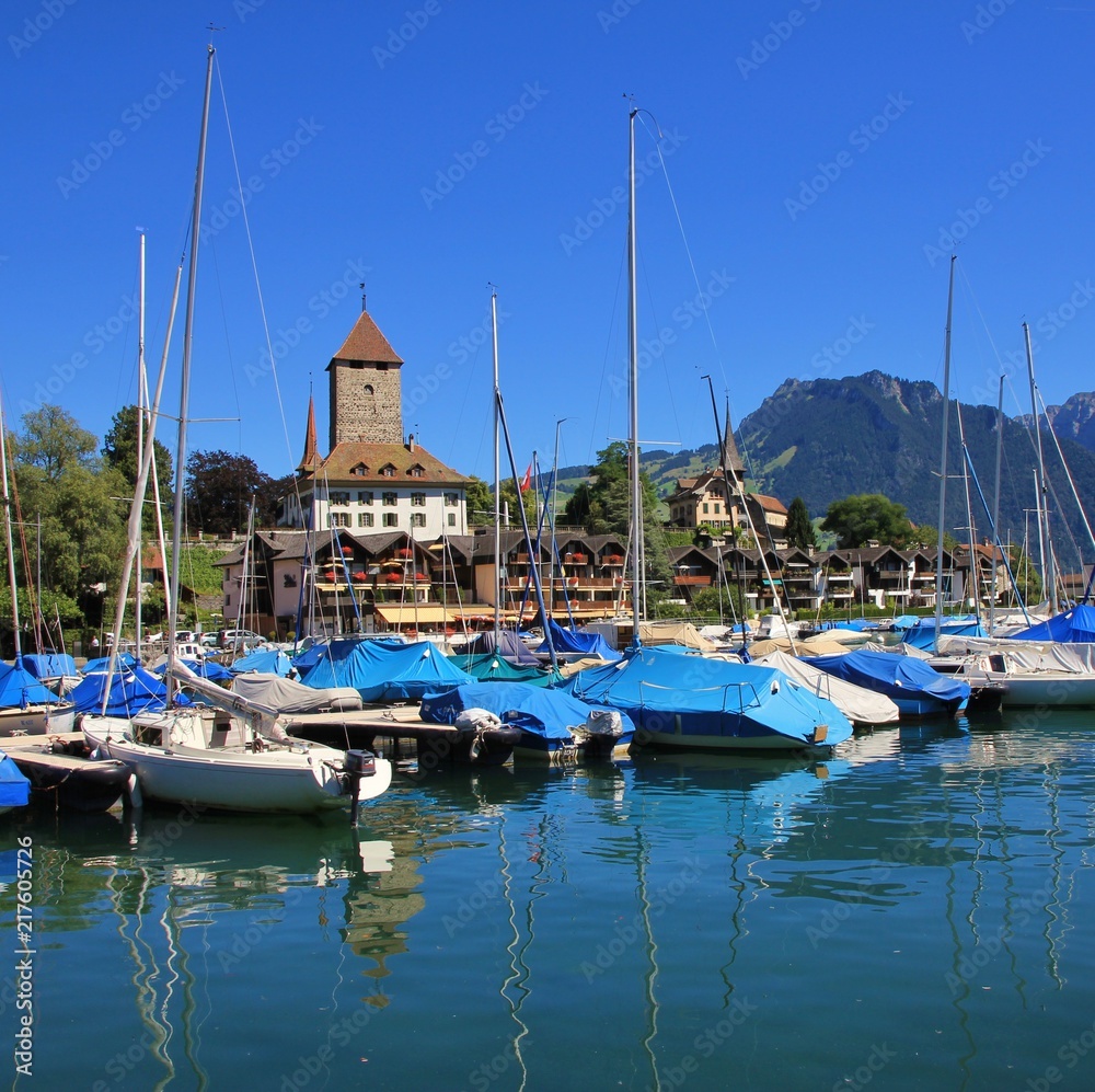 Boats on the shore of Lake Thun. Schloss Spiez, Bernese Oberland. Switzerland. 
