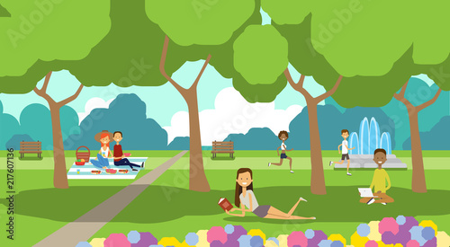 city park relaxing people sitting green lawn using laptop picnic man woman trees landscape background horizontal flat vector illustration