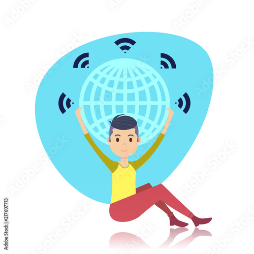 man character sitting holding world globe wireless over head template for design work or animation over white background full length flat vector illustration © mast3r