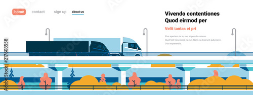 highway semi trucks trailers driving over modern city buildings banner flat copy space vector illustration