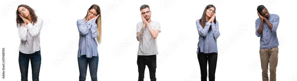 Group and team of young business people over isolated white background sleeping tired dreaming and posing with hands together while smiling with closed eyes. Group and team of young business people over isolated white background sleeping tired dreaming and posing with hands together while smiling with closed eyes.