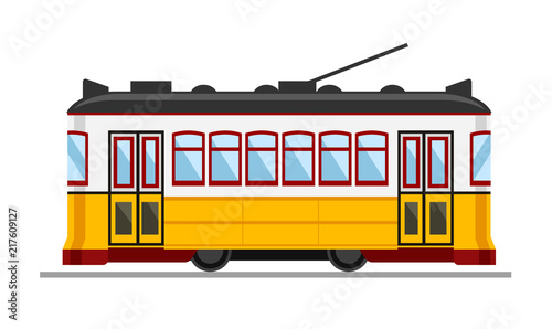 Famous vintage yellow 28 tram in Lisbon, Portugal. Vector simple flat illustration.