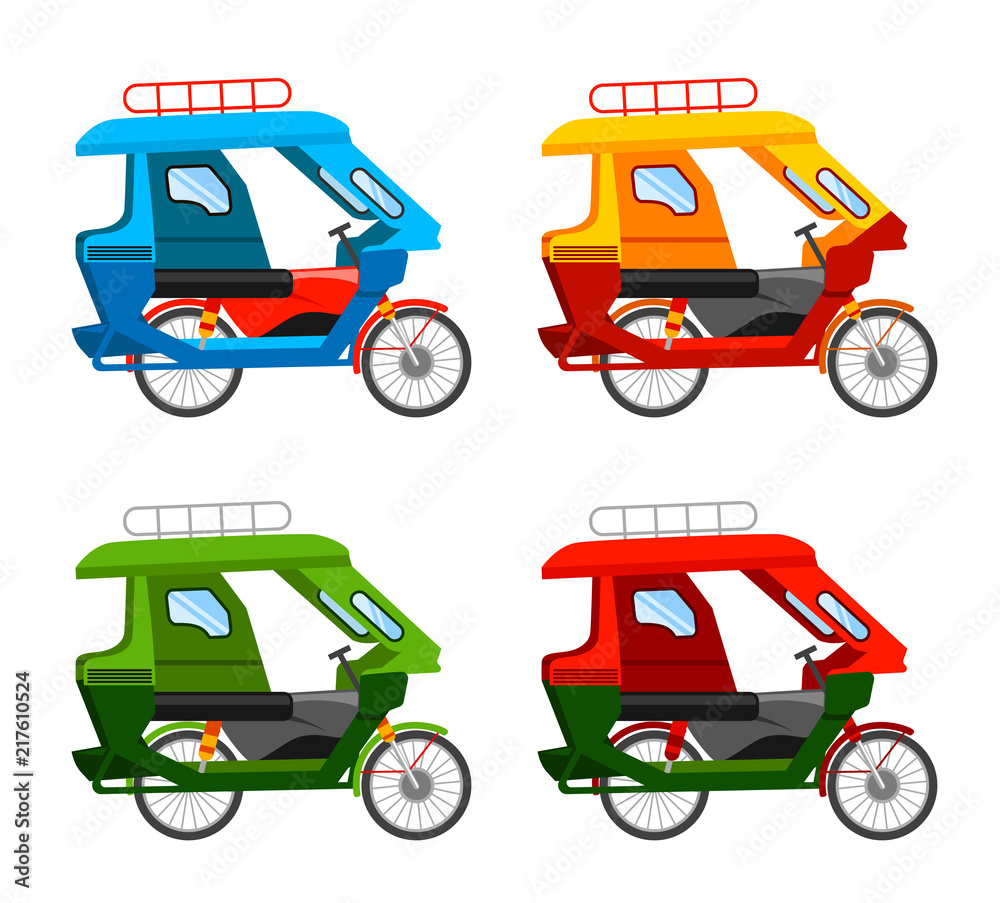 Tuk tuk and motorized tricycle, transportation. Vector flat illustration  Stock Vector | Adobe Stock