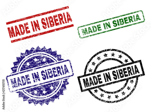 MADE IN SIBERIA seal prints with damaged texture. Black, green,red,blue vector rubber prints of MADE IN SIBERIA label with unclean texture. Rubber seals with circle, rectangle, medal shapes.