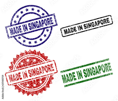 MADE IN SINGAPORE seal prints with corroded texture. Black, green,red,blue vector rubber prints of MADE IN SINGAPORE label with dirty texture. Rubber seals with round, rectangle, medallion shapes.