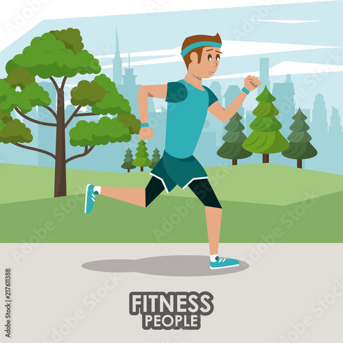Fitness man running at city park cartoons vector illustration graphic design