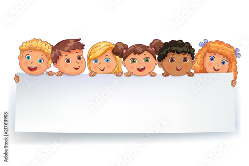 Cute kids holding blank white banner