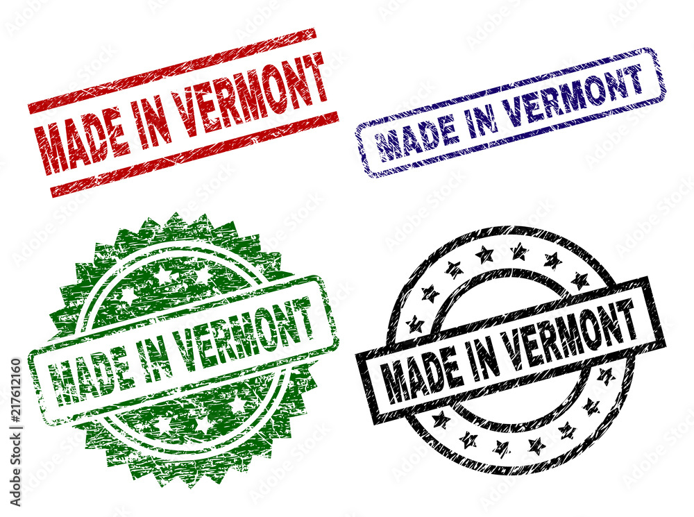 MADE IN VERMONT seal prints with distress texture. Black, green,red,blue vector rubber prints of MADE IN VERMONT label with dirty texture. Rubber seals with circle, rectangle, medallion shapes. MADE IN VERMONT seal prints with distress texture. Black, green,red,blue vector rubber prints of MADE IN VERMONT label with dirty texture. Rubber seals with circle, rectangle, medallion shapes.
