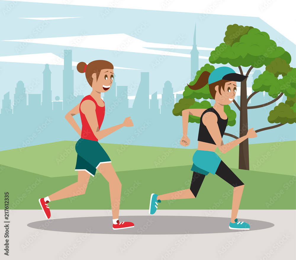 Fitness people marathon at city park cartoons vector illustration graphic design