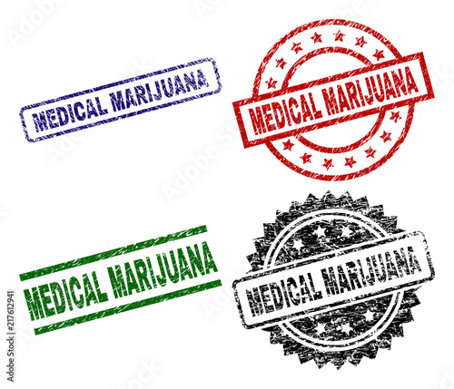 MEDICAL MARIJUANA seal prints with corroded surface. Black, green,red,blue vector rubber prints of MEDICAL MARIJUANA text with scratched surface. Rubber seals with round, rectangle, medallion shapes.