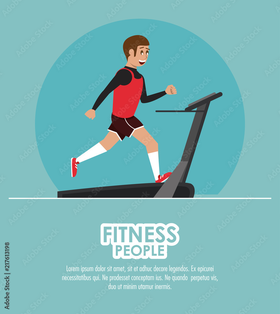 Fitness man running on band cartoon poster with information vector illustration graphic design