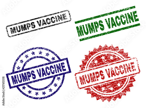 MUMPS VACCINE seal prints with damaged texture. Black, green,red,blue vector rubber prints of MUMPS VACCINE caption with scratched texture. Rubber seals with round, rectangle, medal shapes.