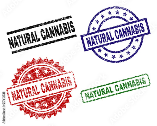NATURAL CANNABIS seal prints with damaged style. Black, green,red,blue vector rubber prints of NATURAL CANNABIS caption with grunge surface. Rubber seals with round, rectangle, medallion shapes.