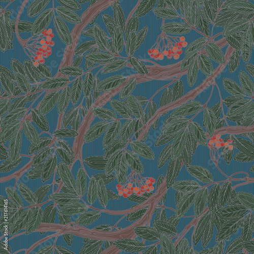 Seamless vintage floral pattern with rowan foliage and berries