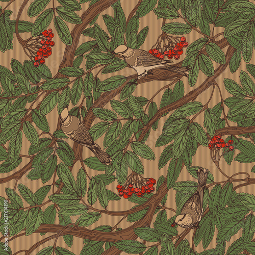 Seamless vintage floral pattern with rowan foliage, berries and thrush birds