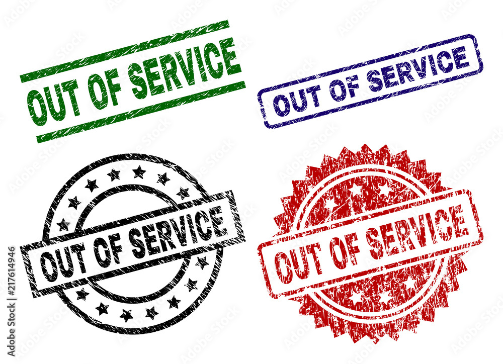 OUT OF SERVICE seal prints with damaged style. Black, green,red,blue vector rubber prints of OUT OF SERVICE caption with unclean style. Rubber seals with circle, rectangle, rosette shapes.