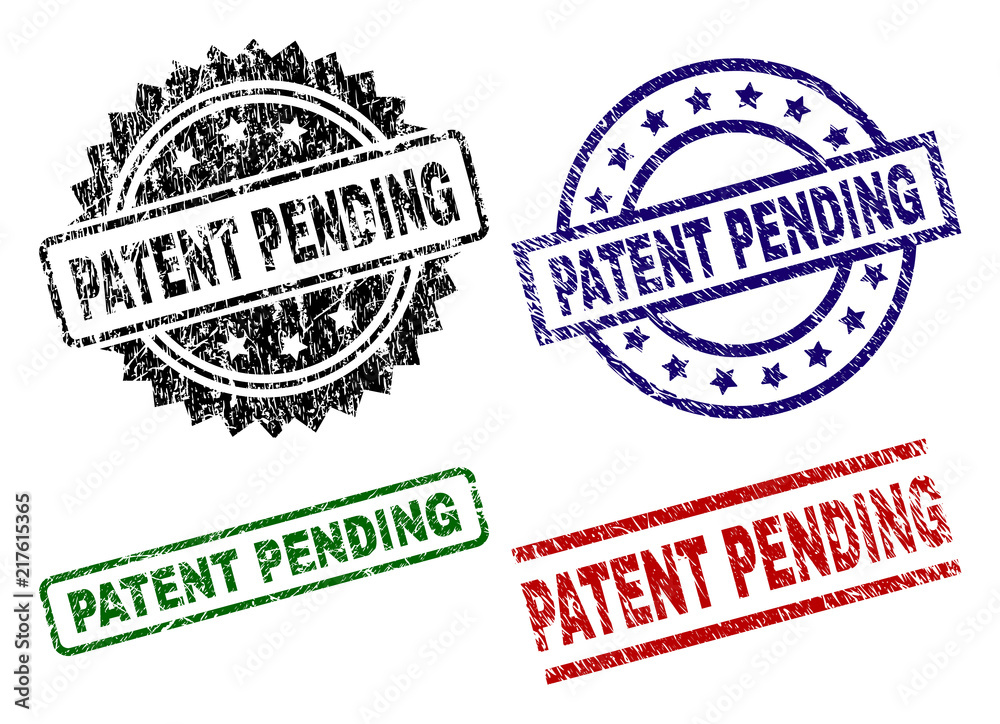PATENT PENDING seal prints with damaged style. Black, green,red,blue