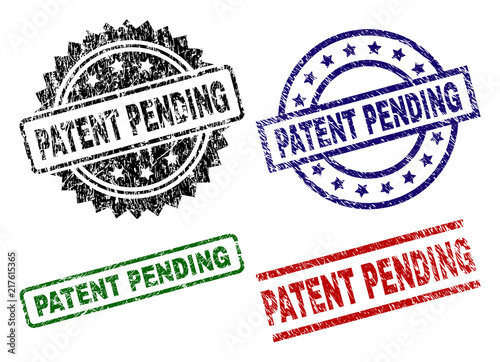 PATENT PENDING seal prints with damaged style. Black, green,red,blue vector rubber prints of PATENT PENDING title with dirty style. Rubber seals with round, rectangle, rosette shapes.