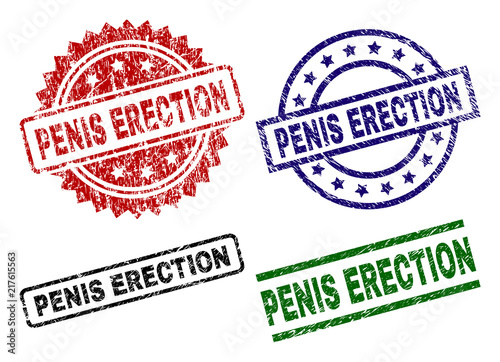 PENIS ERECTION seal prints with damaged texture. Black, green,red,blue vector rubber prints of PENIS ERECTION caption with retro texture. Rubber seals with round, rectangle, medallion shapes.