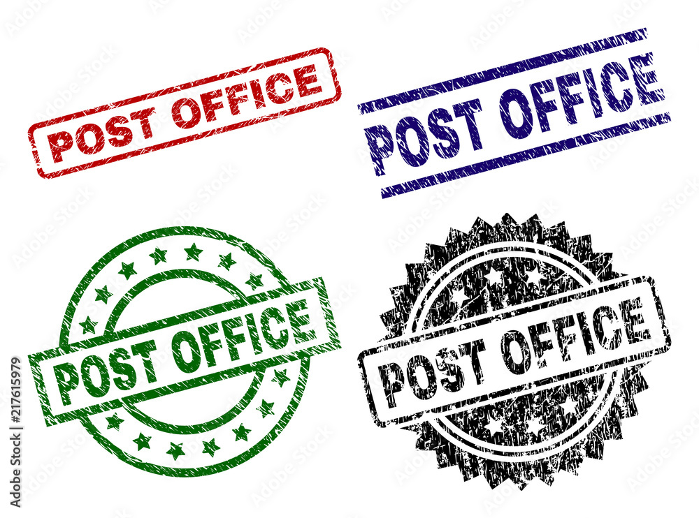 POST OFFICE seal imprints with corroded texture. Black, green,red,blue vector rubber prints of POST OFFICE caption with corroded texture. Rubber seals with round, rectangle, rosette shapes. POST OFFICE seal imprints with corroded texture. Black, green,red,blue vector rubber prints of POST OFFICE caption with corroded texture. Rubber seals with round, rectangle, rosette shapes.