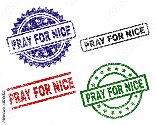 PRAY FOR NICE seal prints with corroded surface. Black, green,red,blue vector rubber prints of PRAY FOR NICE label with dirty surface. Rubber seals with circle, rectangle, medal shapes.
