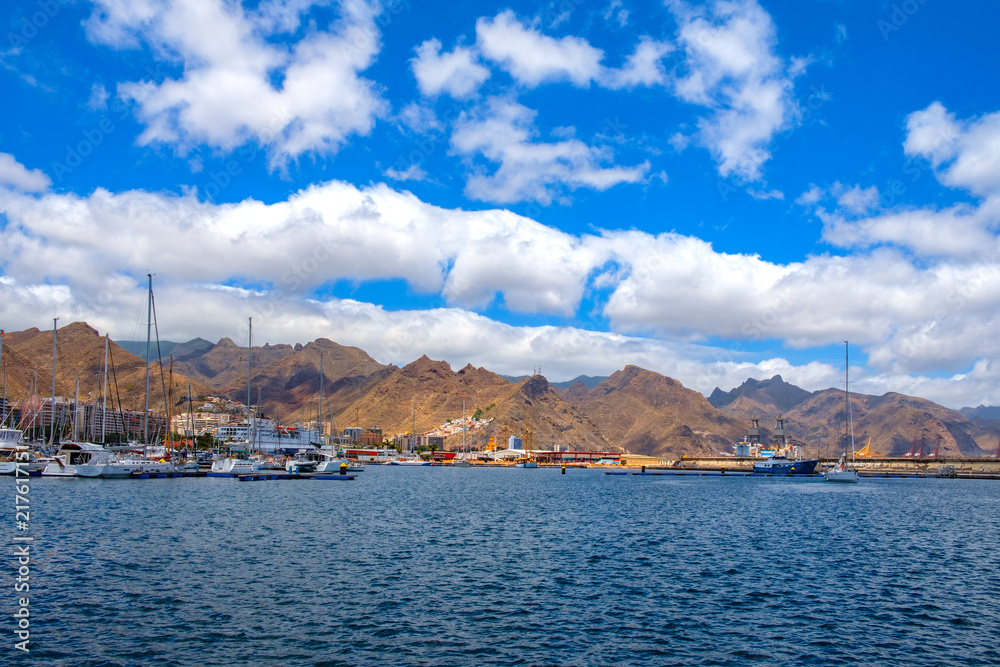 The view of the marina and the Anaga mountains. Santa Cruz in the harbor.