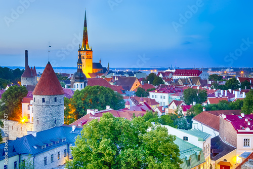 Ancient City of Tallinn Center. Picture Made from Toompea Hill During Blue Hour.