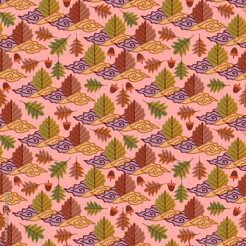 Autumnal foliage with cloud seamless pattern