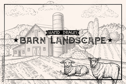 Vintage barn landscape and Farm animals Lamb and Sheep. Textured Horizontal Poster Template. Retro styled Sketched Engraving vector illustration