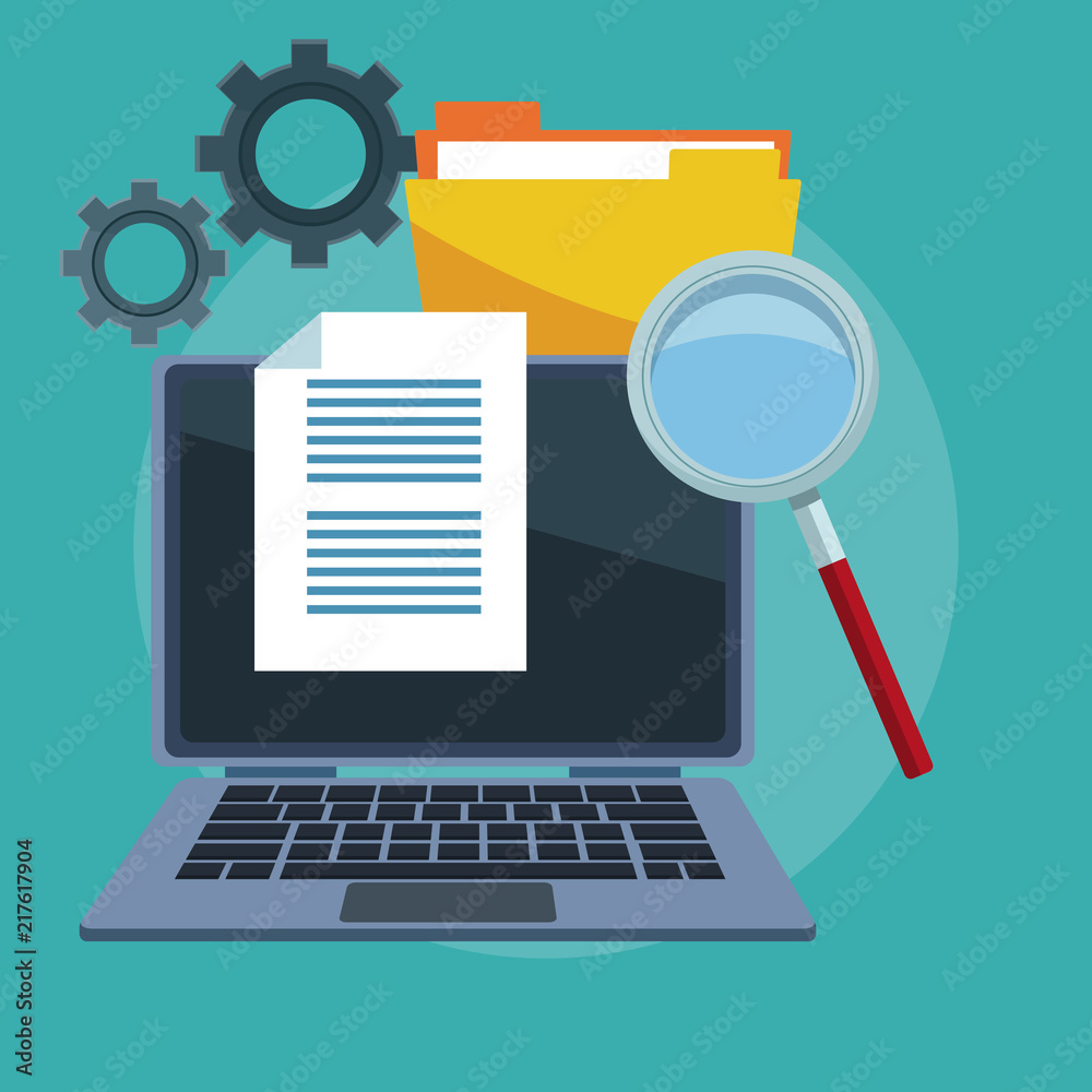 Data center technology laptop and folder with gears vector illustration ...
