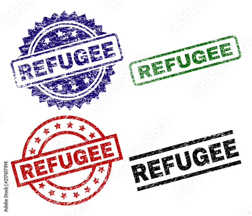 REFUGEE seal prints with corroded surface. Black, green,red,blue vector rubber prints of REFUGEE text with scratched texture. Rubber seals with circle, rectangle, medallion shapes.
