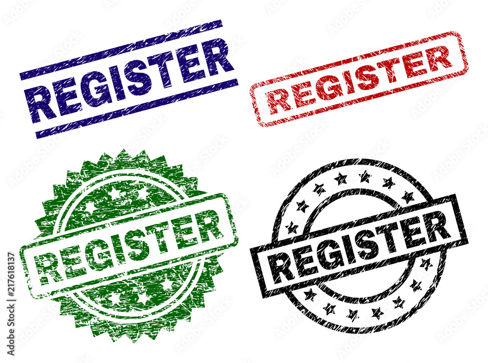 REGISTER seal prints with corroded style. Black, green,red,blue vector rubber prints of REGISTER text with corroded texture. Rubber seals with circle, rectangle, medal shapes.